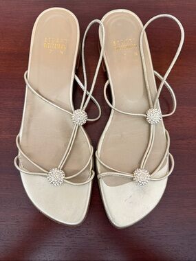 Stuart Weitzman Metallic Gold Rhinestone-Button Strappy Slide Sandals